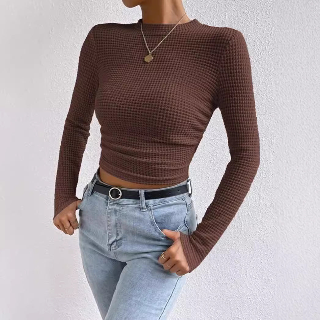 WW | Langarm T Shirt Slim Passform Weicher Strukturstrick Rüschentasche Kurzes Modell