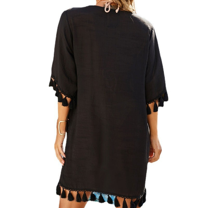 Damen lässige Strandtunika mit gefranstem Saum und weiten Ärmeln WW