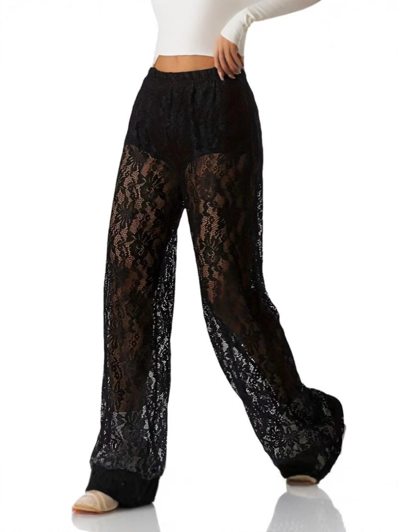 Damen elegante Spitzenhose mit weitem Schnitt und elastischem Bund WW