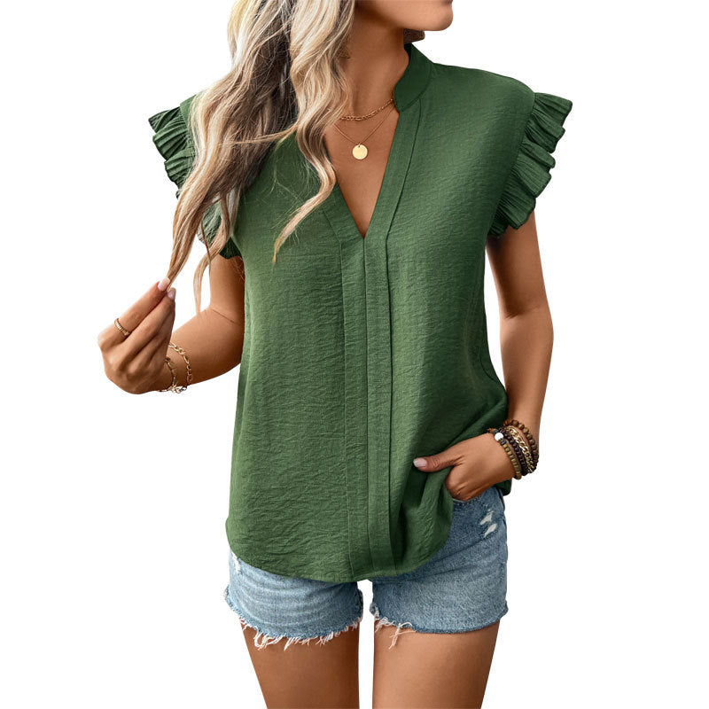Women's Blouse with Voluminous Ruffled Sleeves and Elegant V-Neck WW