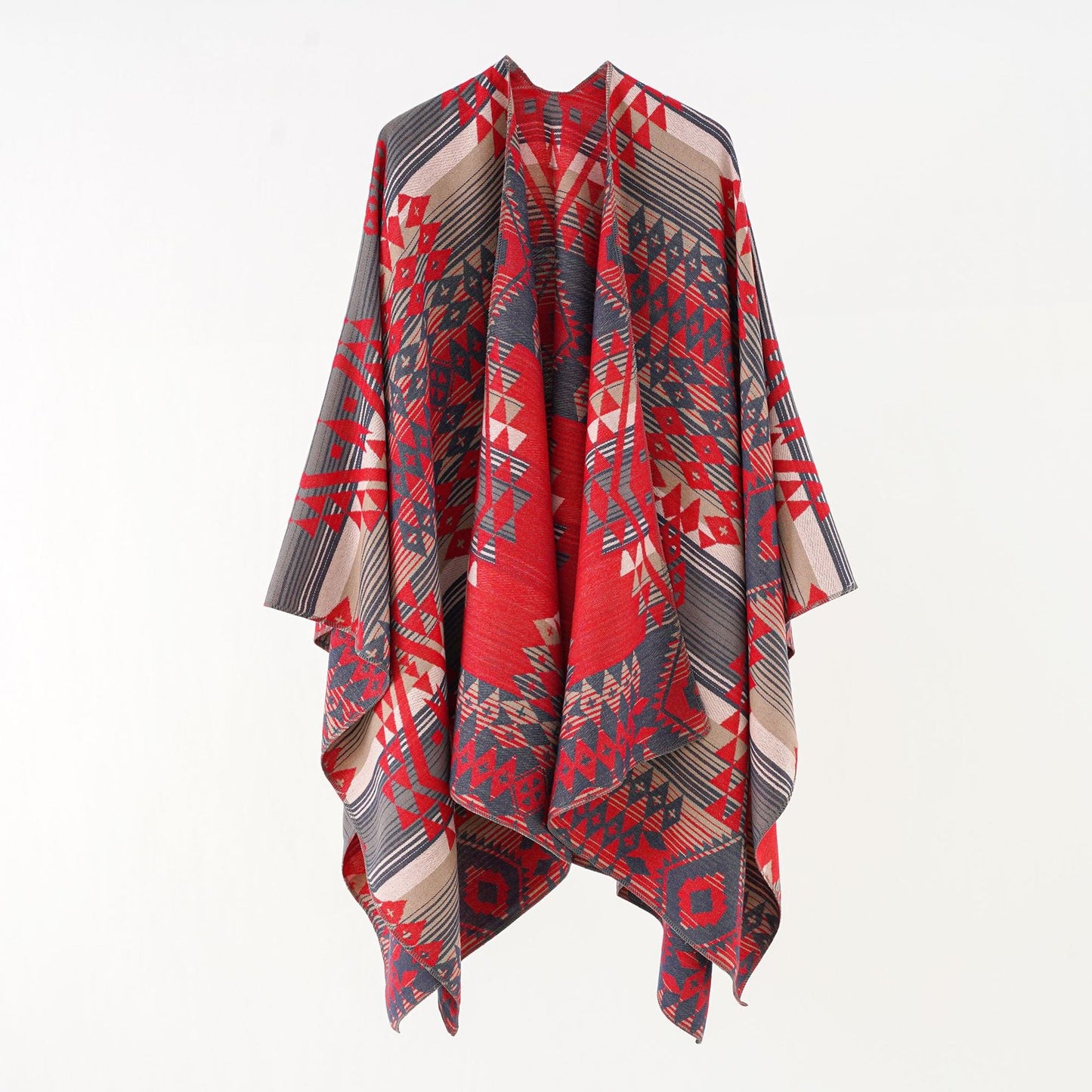 Women's Geometric Overlay Poncho with Warm Material and Trendy Pattern WW