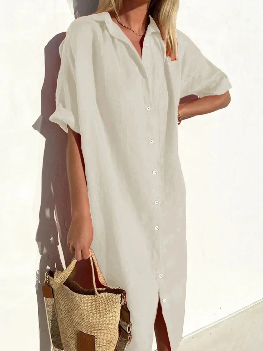 WW | Button-Up Dress with Wide Neckline and Slim Sleeves, Elegant and Loose, for Women Cotton and Linen Dresses