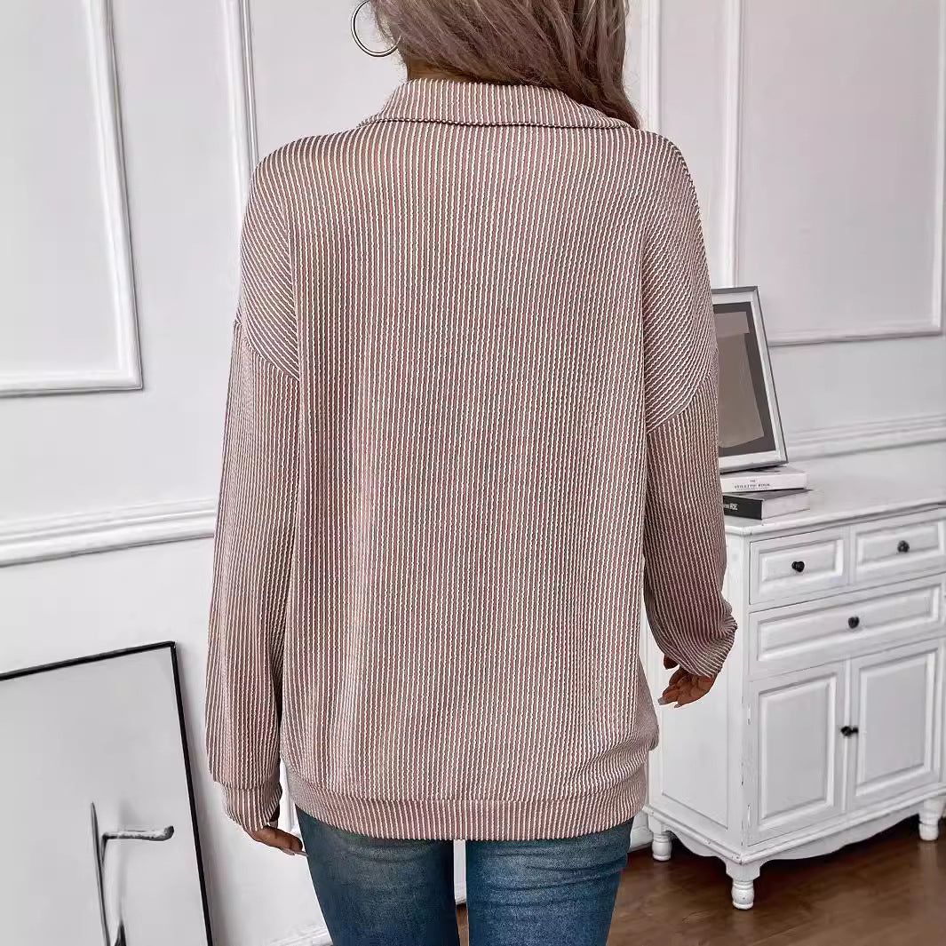 Damen lässiger Pullover mit Reißverschluss und gestreiftem Design WW