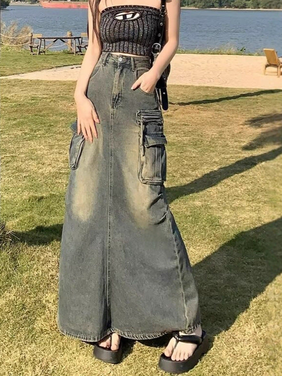 Women's Long Denim Skirt with High Waist and Practical Pockets WW
