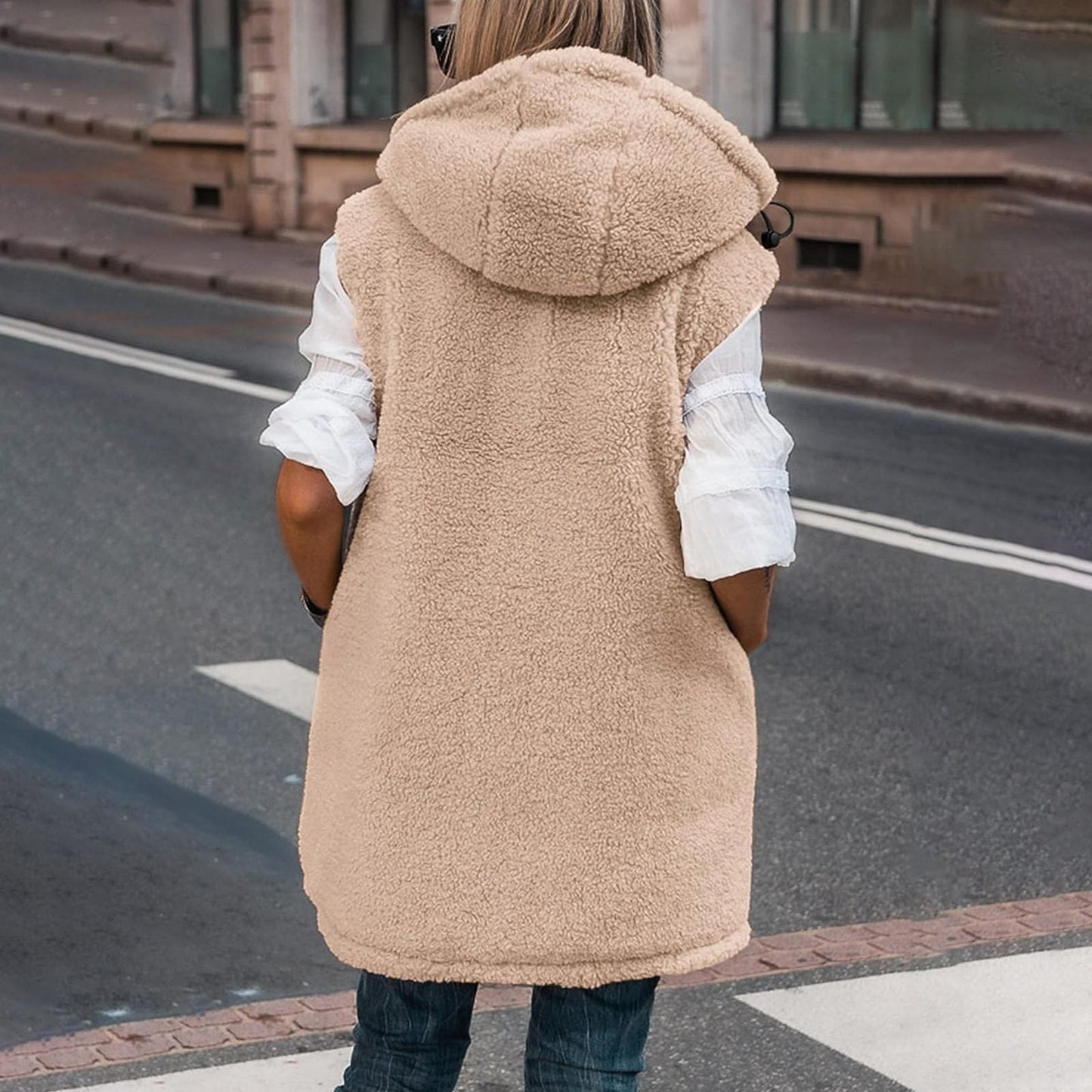 WW | Damen Wendbare Gefütterte Weste mit Kapuze und Ärmellos Design
