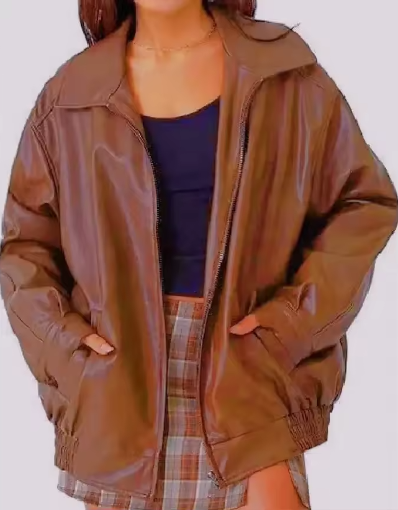 WW | Zip-Up Leather Jacket with Loose Fit and High Collar