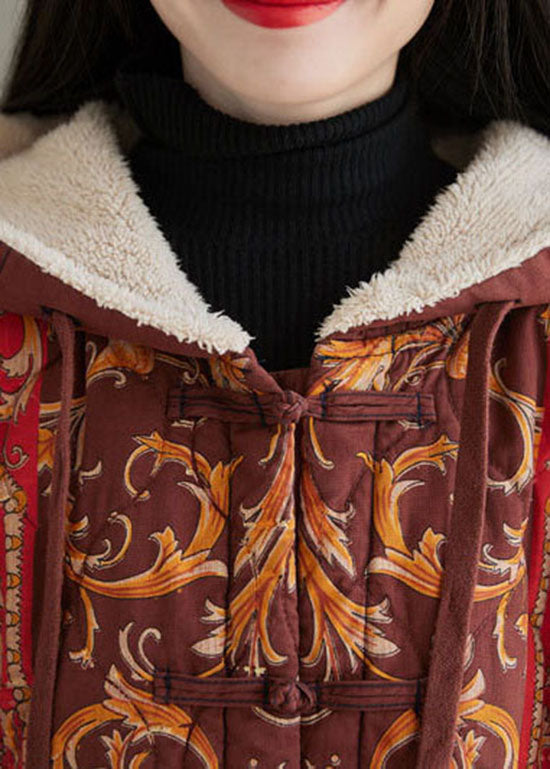 WW | Roter Kapuzenbestickter Warmer Fleece Fein Baumwollgefüllter Mantel Winter