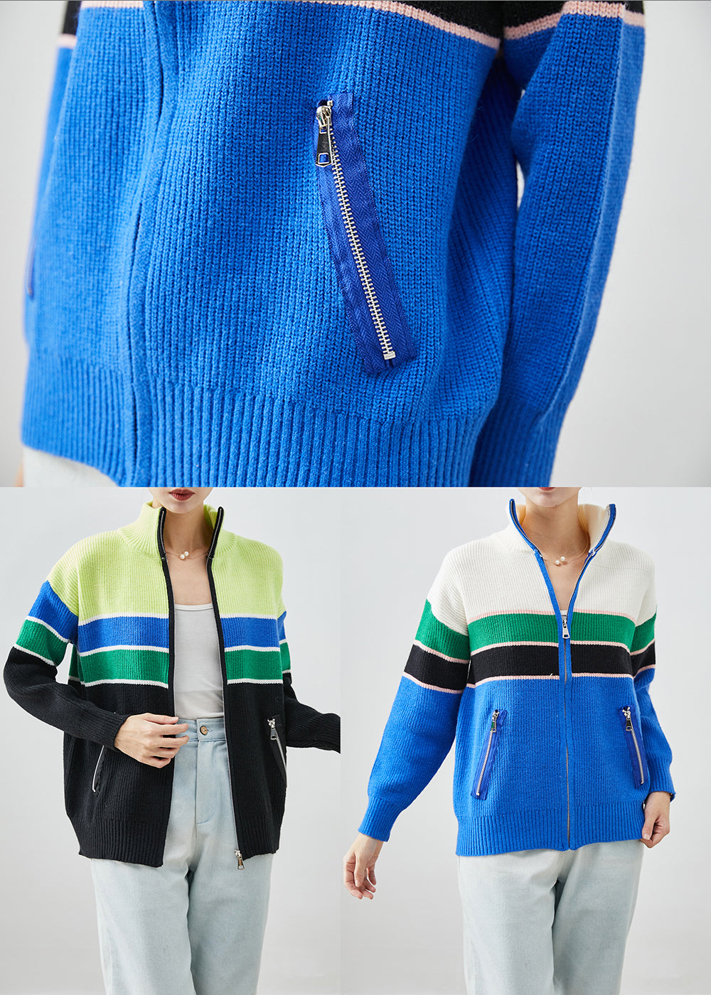 WW | Design Blue Zip-Up Patchwork Knitted Cardigans