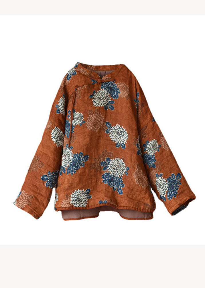 WW | Orange Print Stand-Up Collar Patchwork Fine Cotton-Filled Coats Winter
