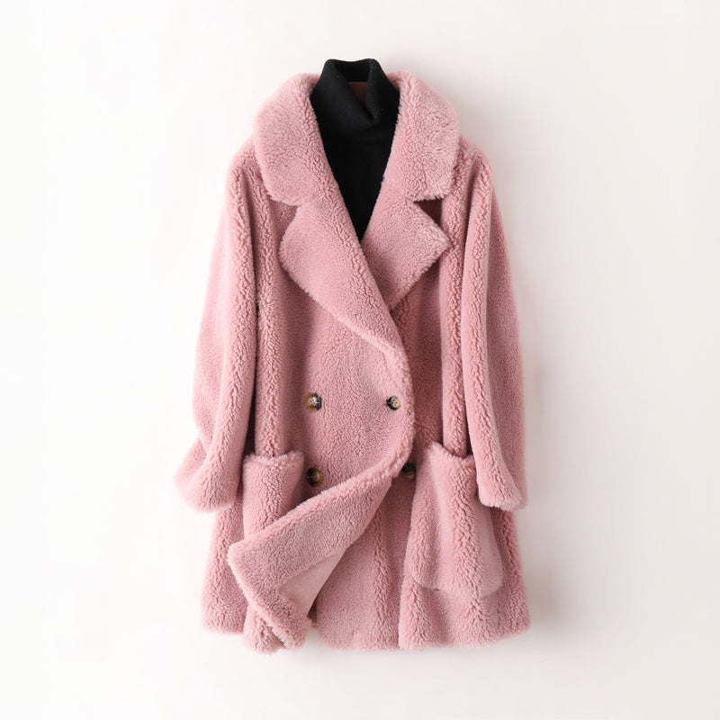 WW | Damen Oversized Teddyjacke mit breitem Revers und doppelter Knopfleiste