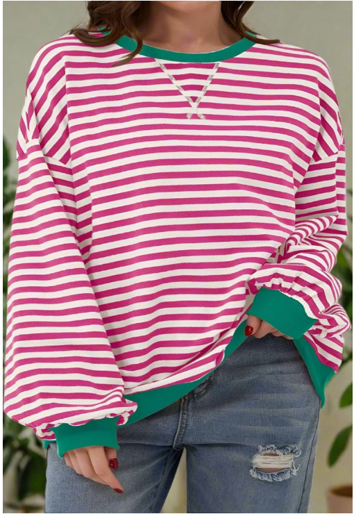 WW | Locker T-Shirt mit Streifen und langen Ärmeln Lässiger Pullover für Frauen