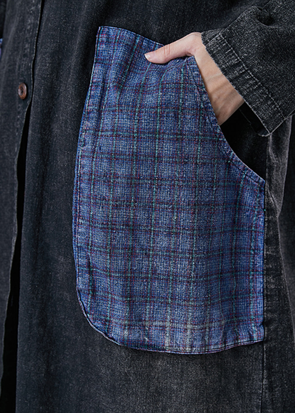 WW | Oversized Black Hooded Patchwork Large Pockets Denim Coats