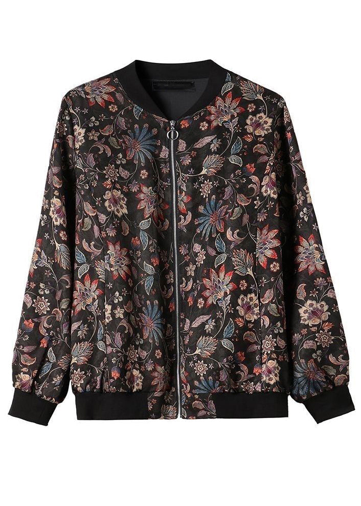 WW | Size Black O-Neck Zipper Pockets Silk Coats Long Sleeve