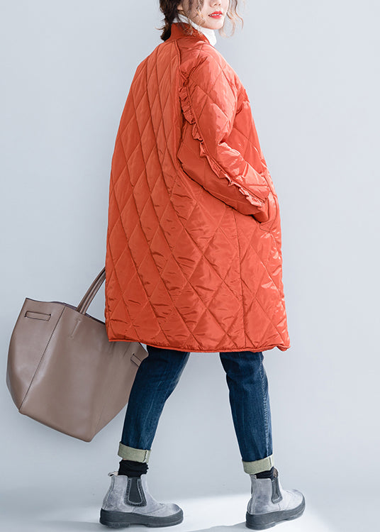 WW | Size Orange Zipper Pockets Ruffle Trim Patchwork Cotton-filled Coats Winter