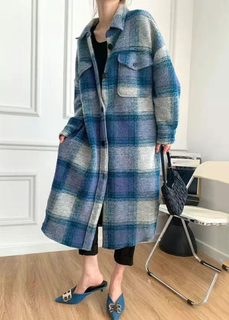 WW | Checked Peter Pan Collar Button Wool Long Shirt Coats