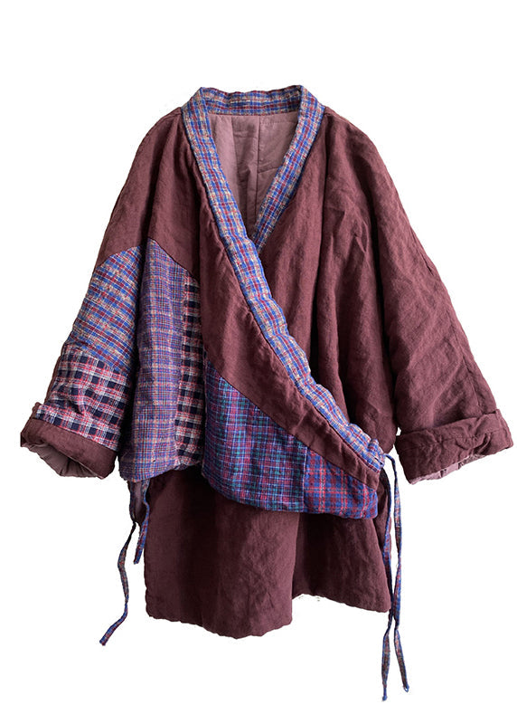 WW | Größe Lila V Ausschnitt Schnürung Patchwork Feine Baumwollgefüllte Mäntel Winter