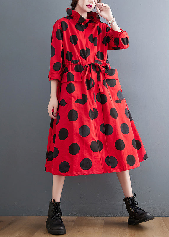 WW | Plus Size Red Ruffle Pocket Dot Drawstring Cotton Coats
