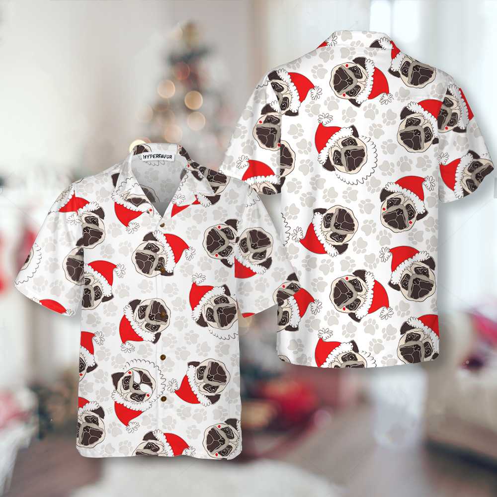 WW | Pug Hund In Santa Hut Hawaiian Shirt, Lustiges Hund Weihnachten Shirt, Weihnachtsgeschenk Für Pug Liebhaber