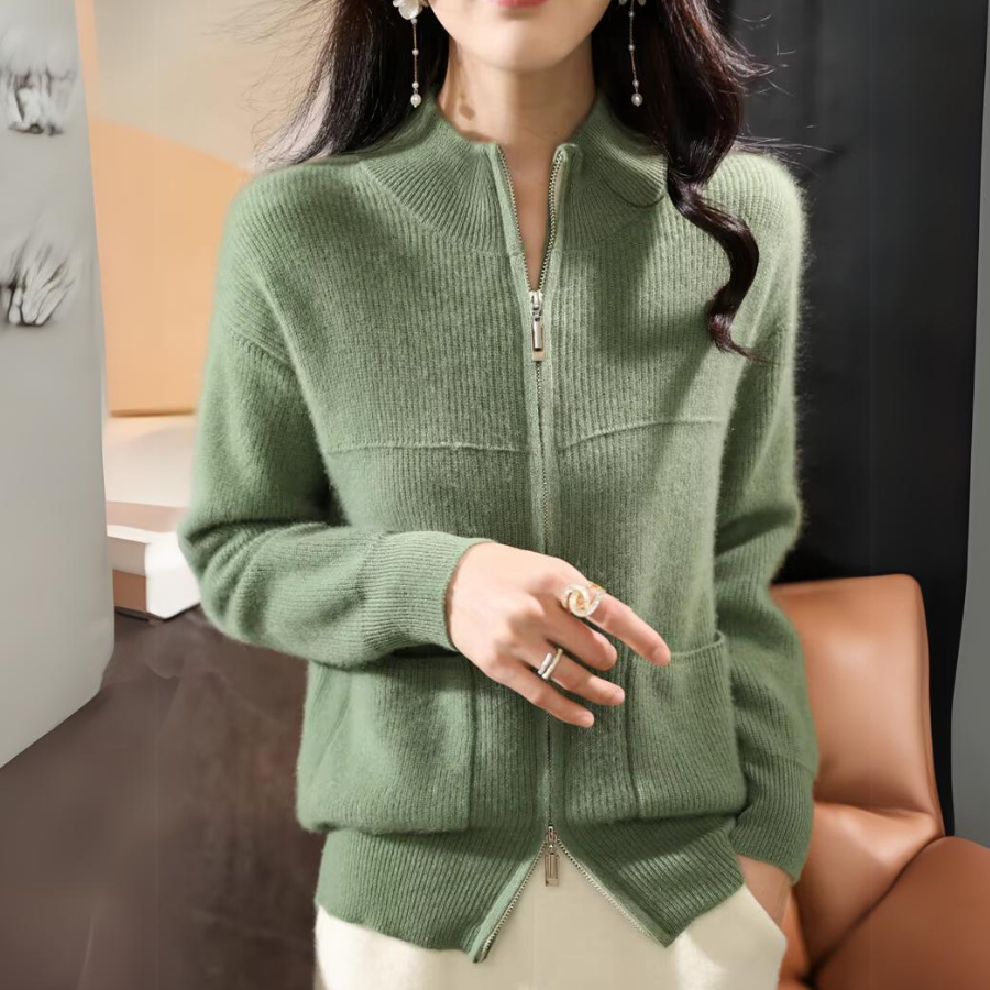 WW | Damen Merino Strickjacke mit Reißverschluss und langen Ärmeln
