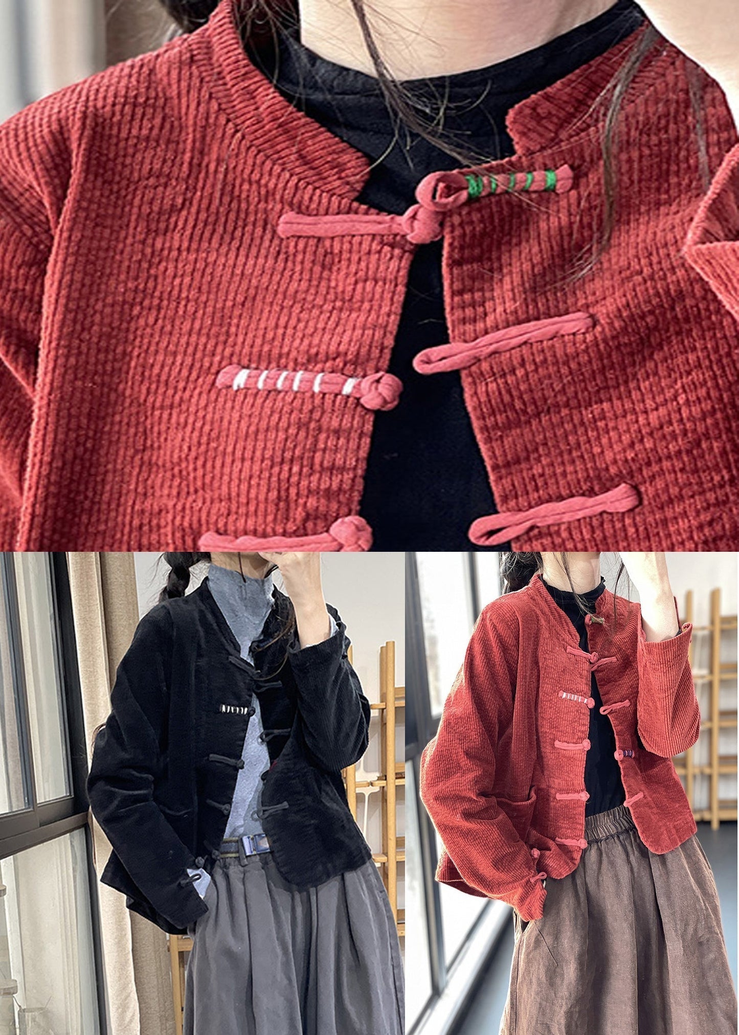 WW | Black Stand-Up Collar Pockets Thick Corduroy Jackets