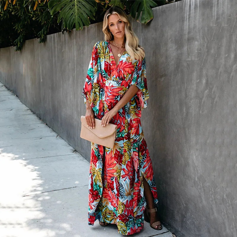 LunaBloom™ Plus Size Kimono Wrap Maxi Dress