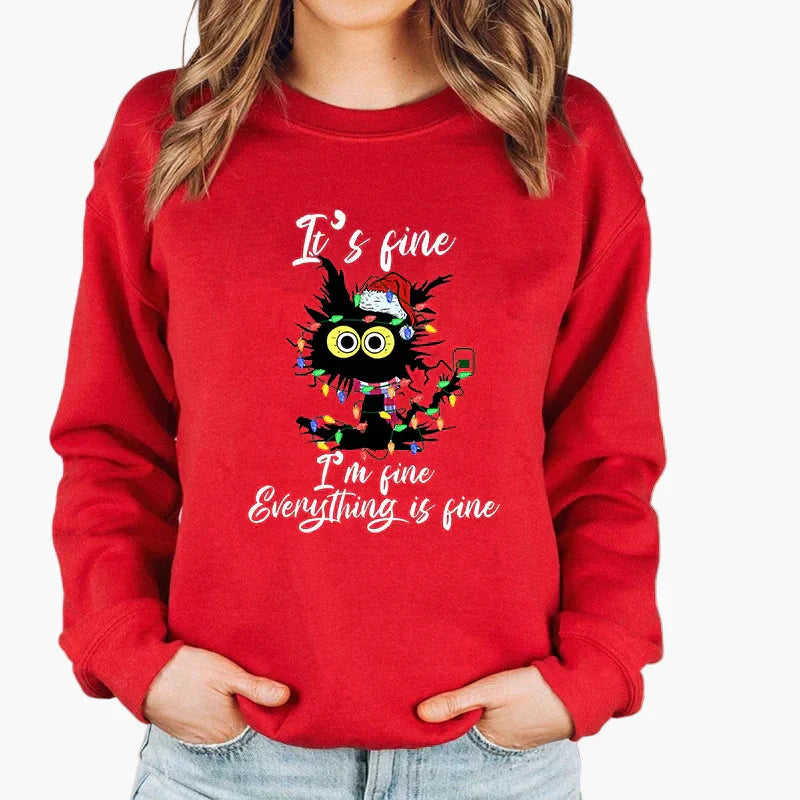 WW | Christmas Sweater with Cat and Fairy Lights - Funny Winter Sweater for Cat Lovers