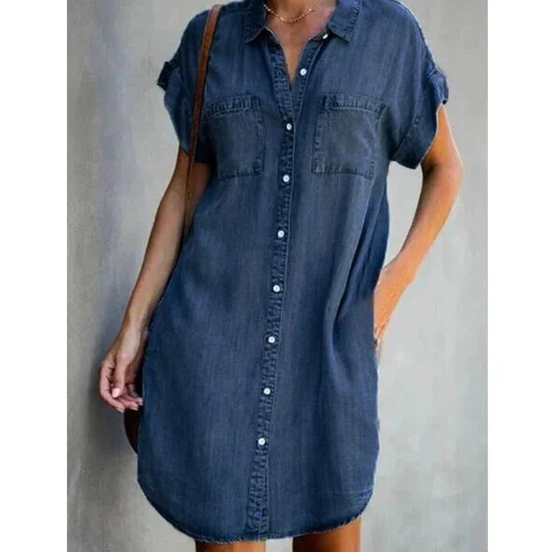 WW | Lässiges Kurzärmeliges Mini Sommerkleid Aus Denim Für Damen Mit Knöpfen