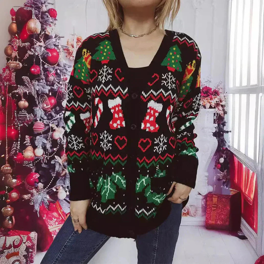 WW | Strickjacke - Strick - Knopfverschluss - Festliches Design mit Weihnachtsmuster - V-Ausschnitt