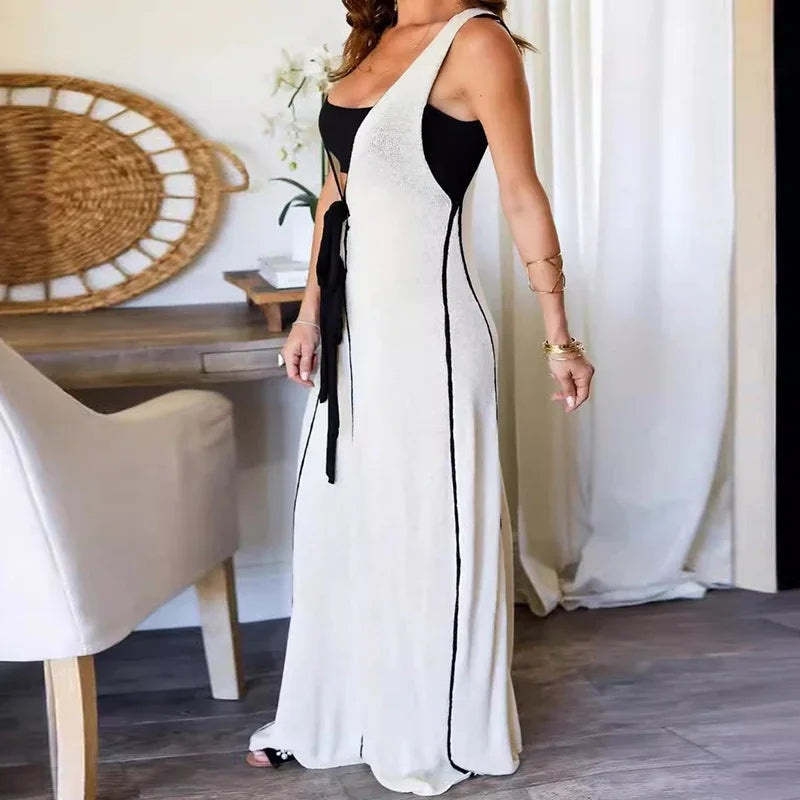 Long summer knit dress with contrasting trims and bow