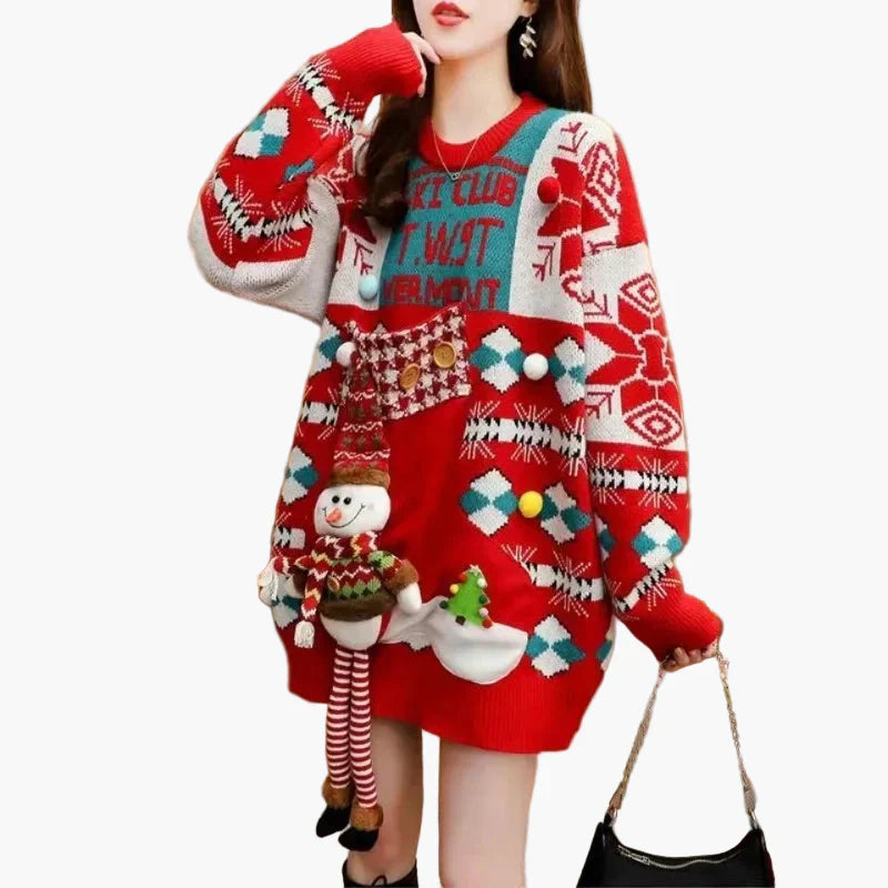 WW | Weihnachtspullover Ugly Christmas Sweater mit 3D Schneemann und Wintermotiv - Lustiger Feiertagspullover für Partys