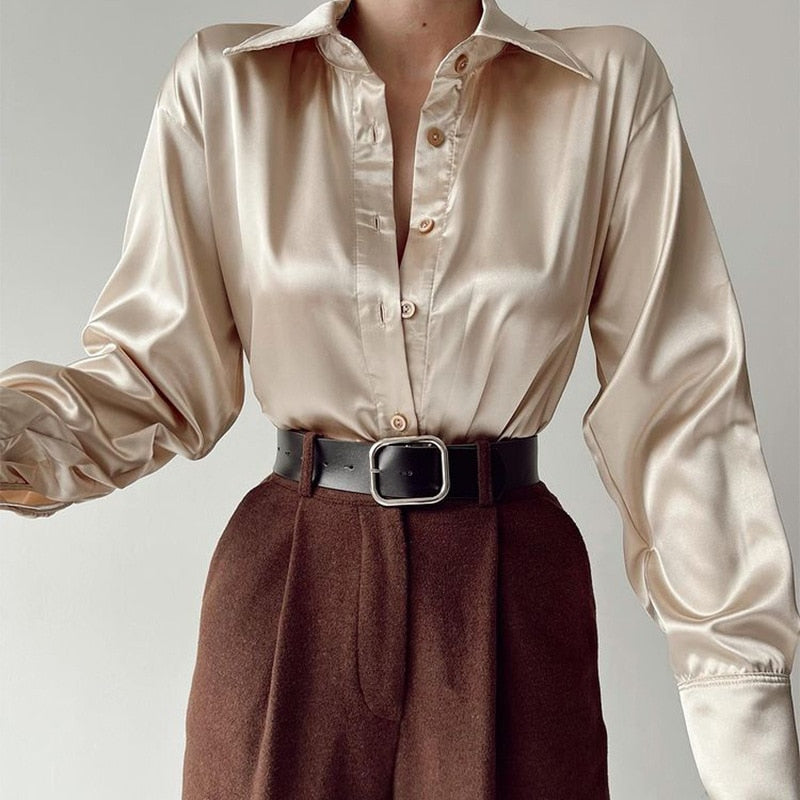 WW | Satin Blouse With Polo Collar Silk Blouse For The Office Vintage Design With Loose Button Elegant Fashion