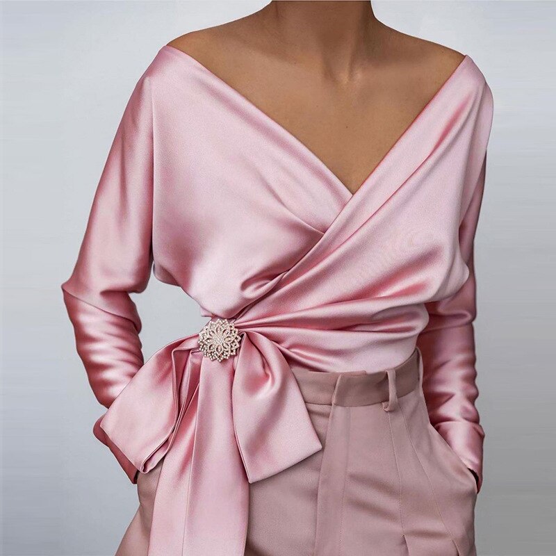 WW - Pink Satin V-Neck Blouse