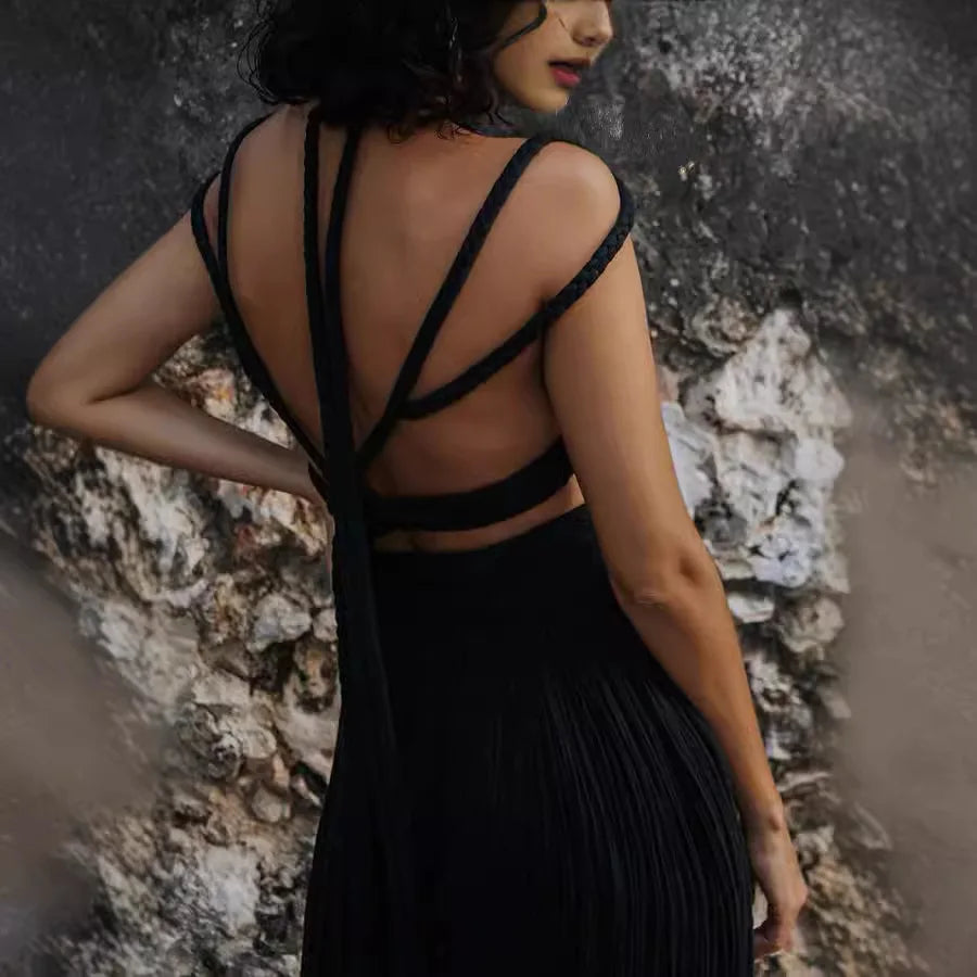 Draped crop top and long skirt set with slit and decorative cord detailing
