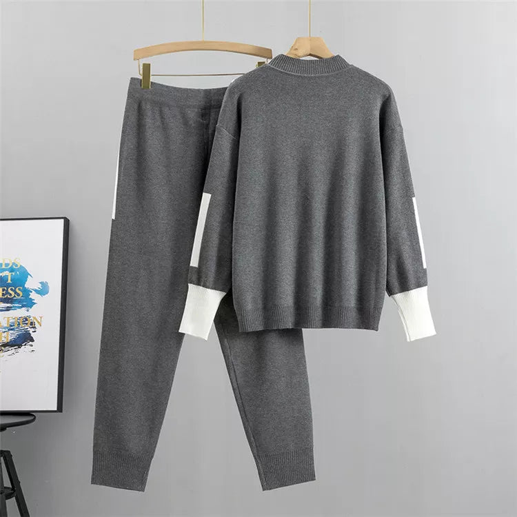 WW | Casual Autumn Knitted Patchwork Top and Pants Set for Women