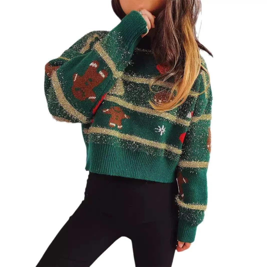 WW - Hässlicher Weihnachtspulli - Jacquard gestrickter Kurzpullover mit Goldstreifen