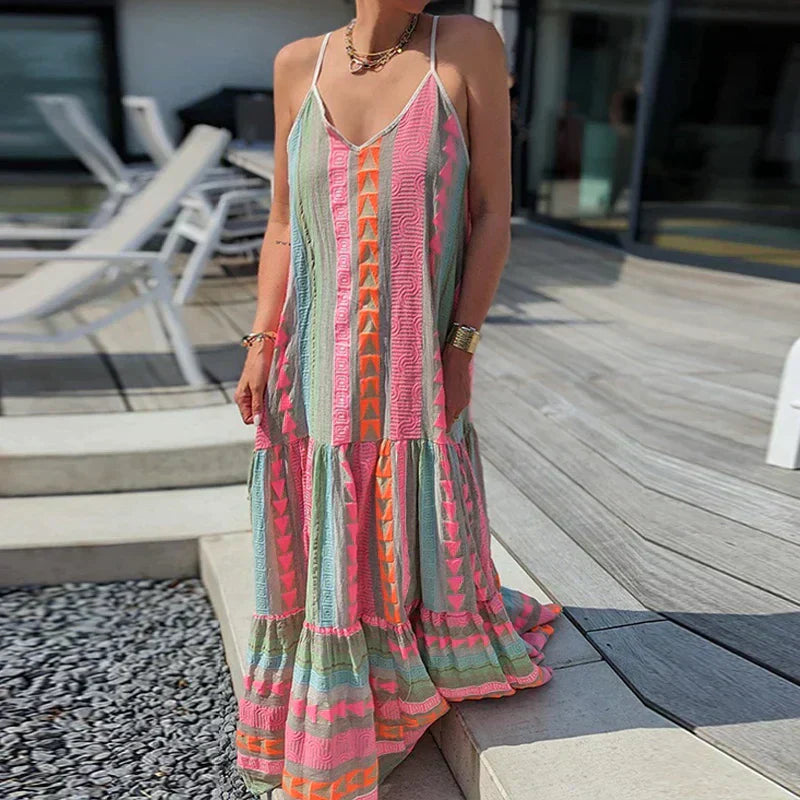 WW | Elegantes Kleid, Ärmellos, mit Rüsche und Lässigem Druck