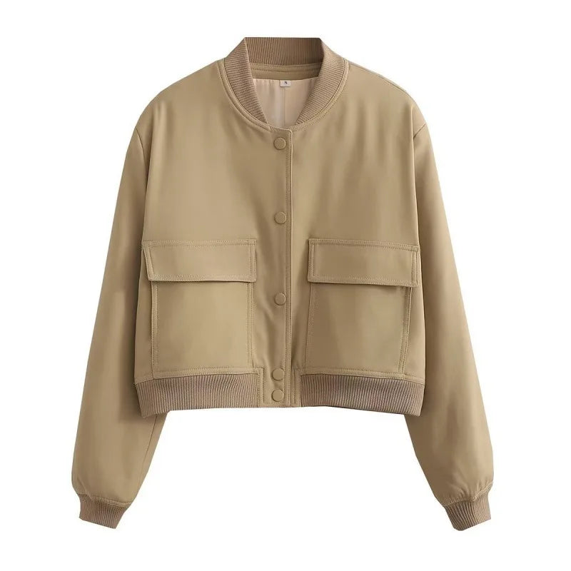 WW | Casual Bomber Jacket with Front Buttons and Flap Pockets