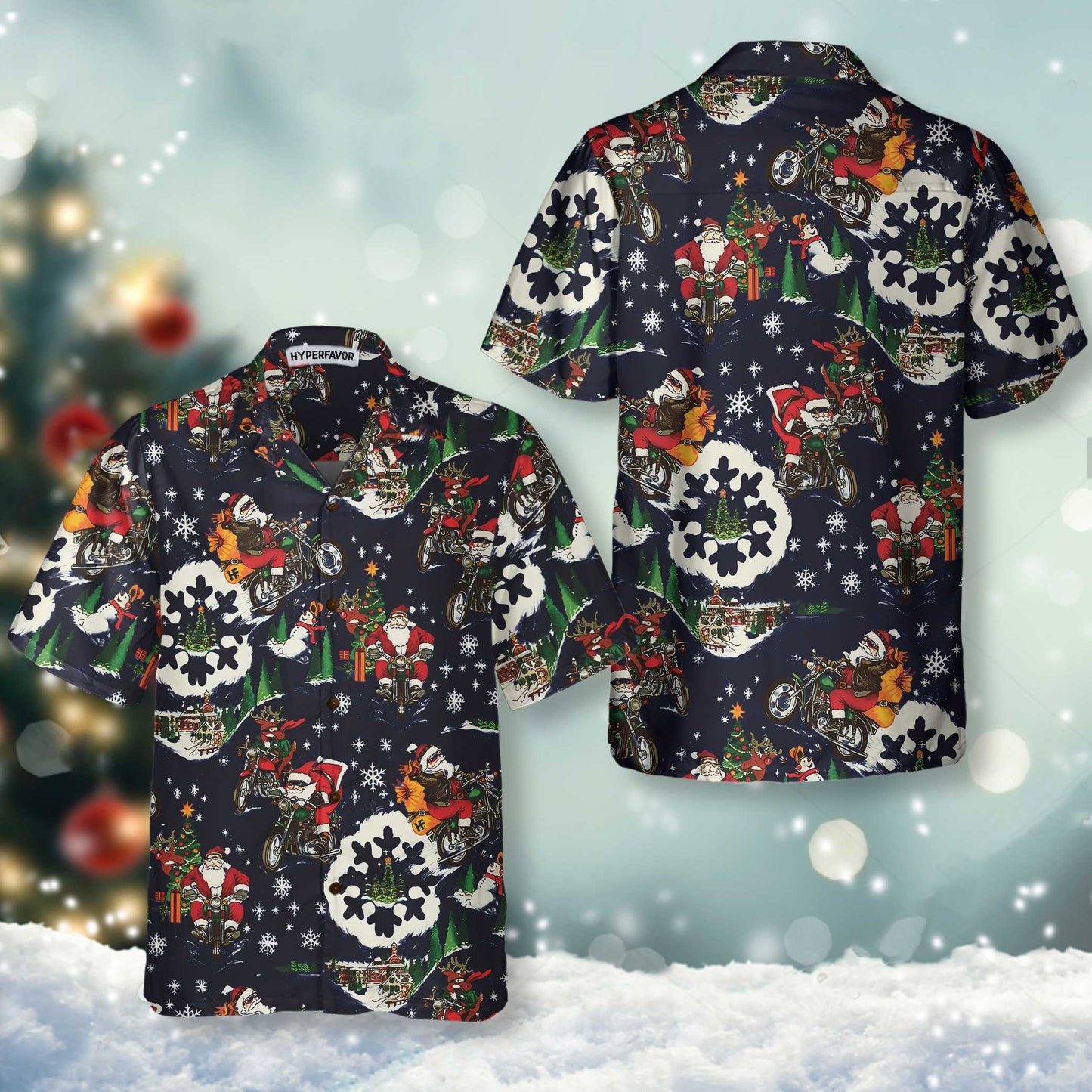 WW | Santa auf Motorrad Blaue Weihnachts-Hawaiian-Shirt für Männer, Lustiges Weihnachtsgeschenk für Motorradliebhaber