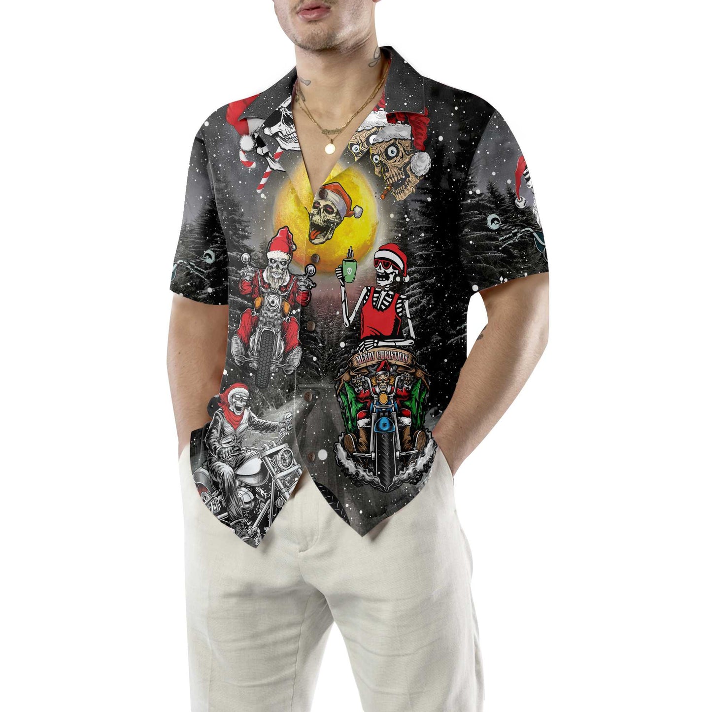 WW | Santa Skeleton Fröhliche Weihnachten Hawaiian Shirt, Lustiges Motorrad Schädel Biker Weihnachts Shirt, Geschenk zu Weihnachten