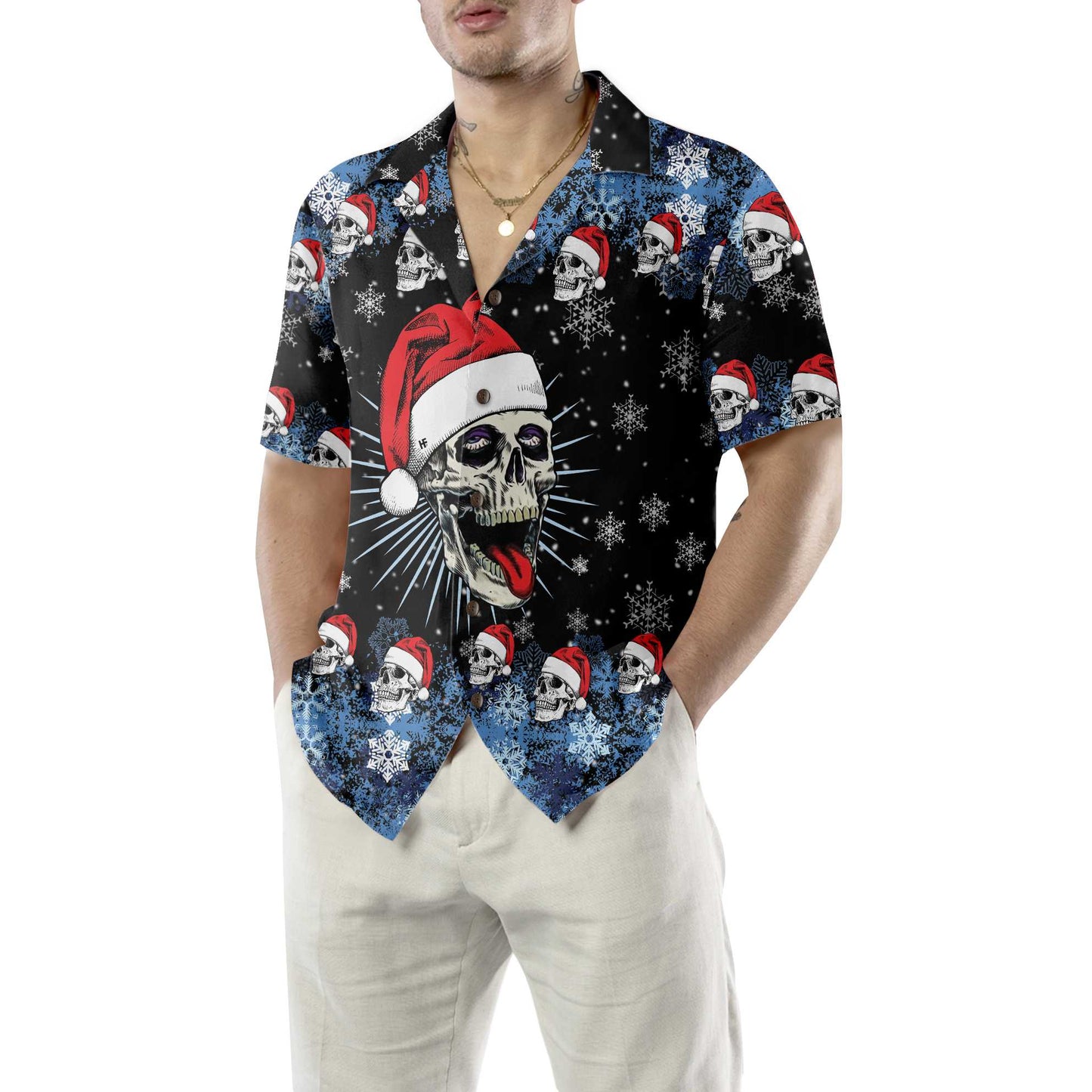 WW | Santa Skull & Schneeflocken Hawaiian Shirt, Lustiges Weihnachts Totenkopf Shirt, Beste Weihnachtsgeschenk Idee
