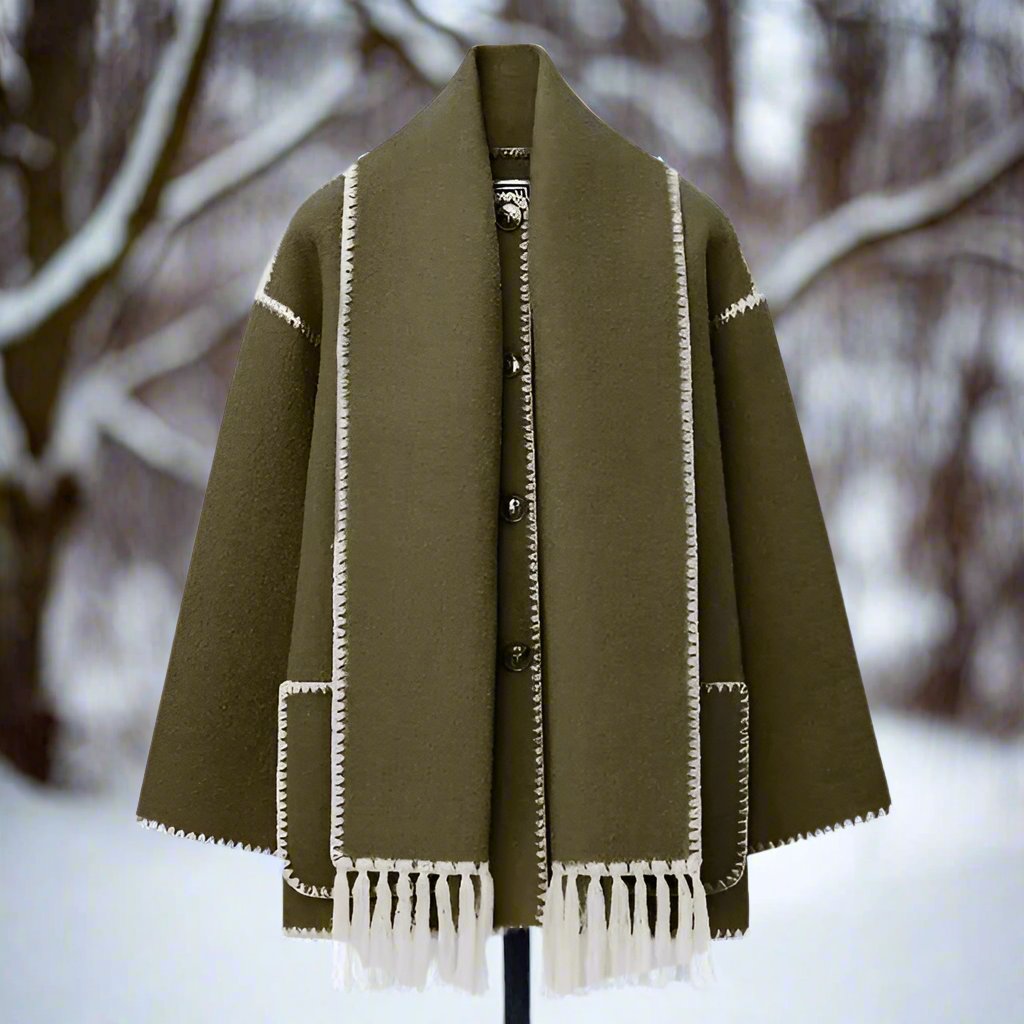 WW | Wool Coat - Loose Fit - Button Closure with Decorative Seam - Incl. Scarf