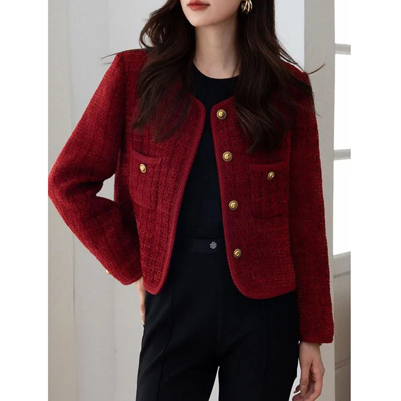 WW | Tweed Textur Boxy Fit Rundhals Knopfverschluss Kurzes Modell