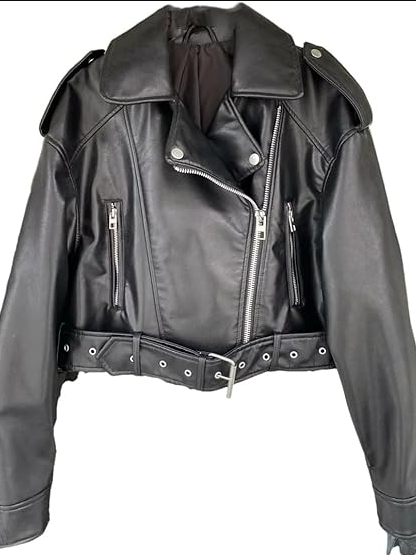 WW | Leder Reverskragen Cropped Jacke mit Gürtel