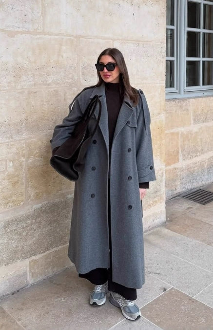 WW | Damen Langer Mantel – Oversized Schnitt – Wollmischung – Doppelt Knopfverschluss Gürteldesign