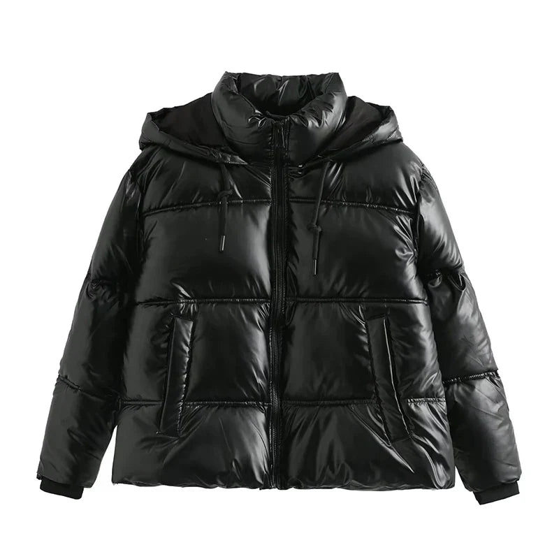 WW | Metallic Women's Winter Jacket with High Collar and Hood