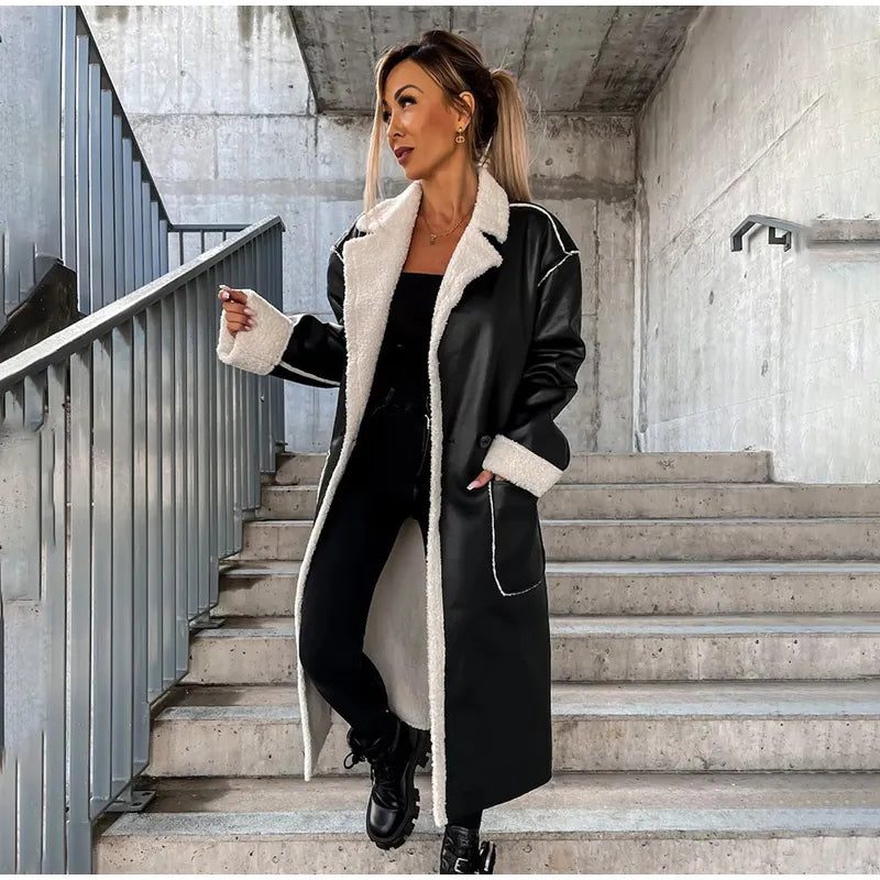 WW - Lapel Collar Leather Jacket with Pockets