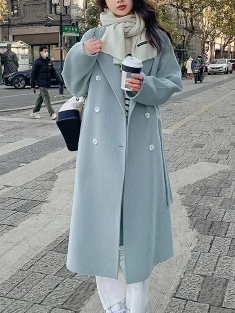 WW | Long coat - Oversized fit - Double-breasted - Elastic waistband - Wool look