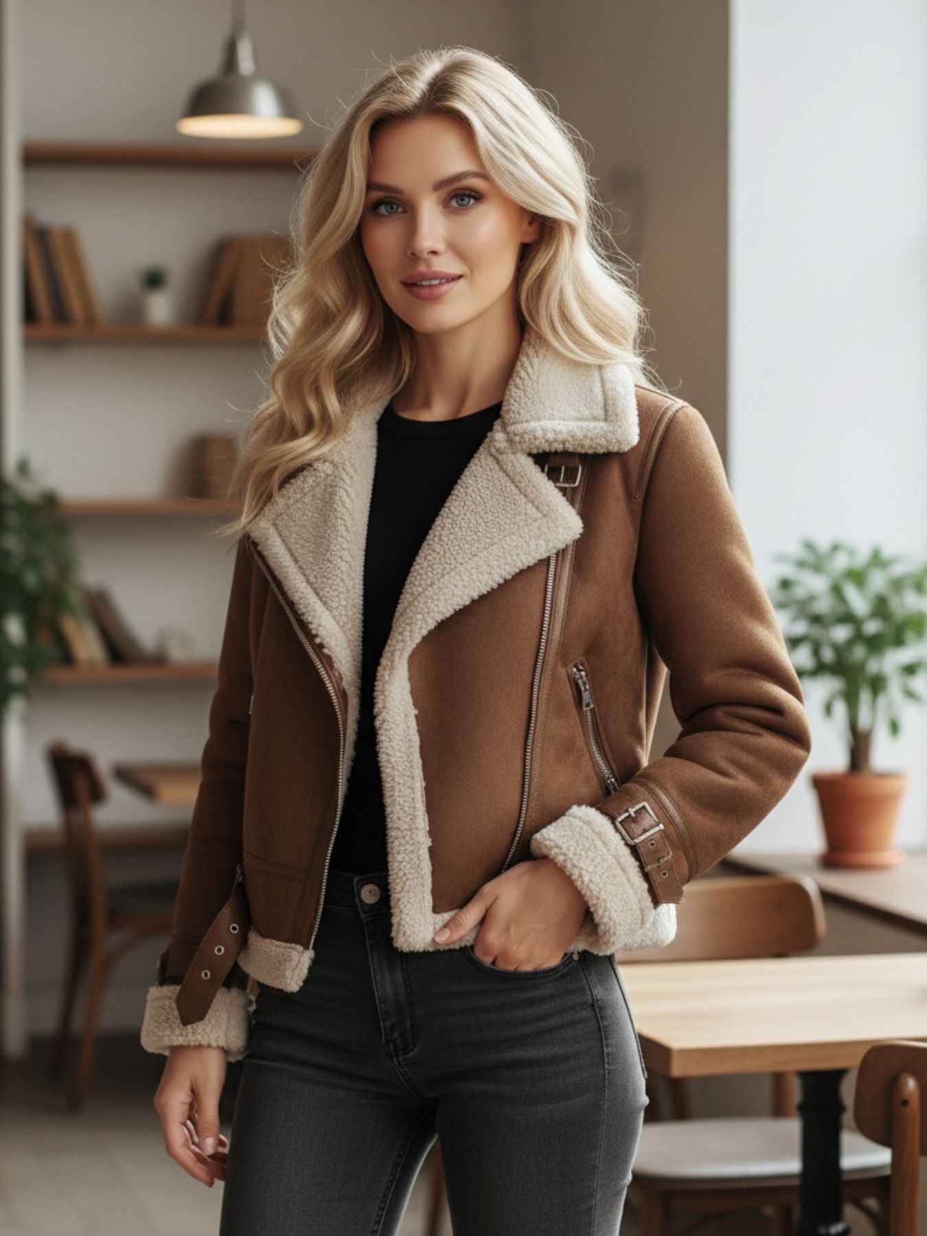 WW | Elegante und warme Lederjacke für Frauen mit Sherpa-Futter