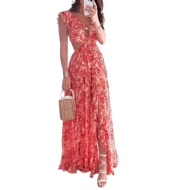 Elara | Printed Pleated V-Neck Dress