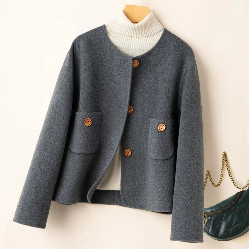 WW | Cropped Wool Blend Boxy Fit Collarless Jacket Decorative Button Closure Flap Pockets